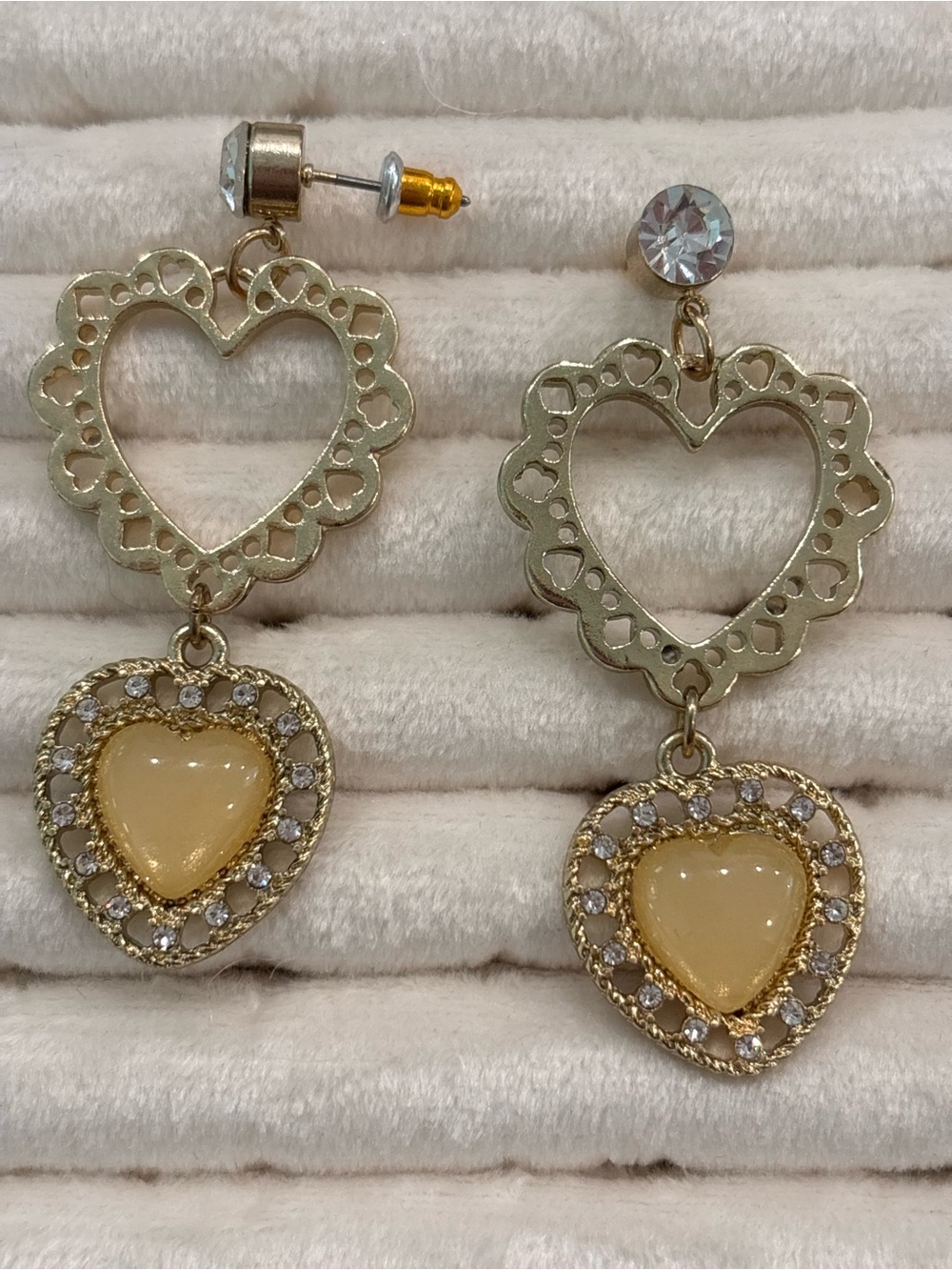 Gold Heart Drop Earrings with Cream Heart Centers